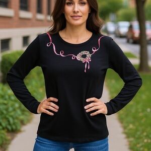 Christmas sweater holiday beaded wreath and embroidered ribbon size large